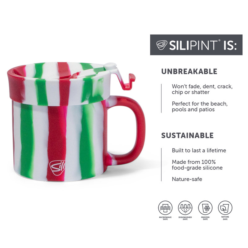 Silipint: Silicone Coffee Mugs: 2 Pack - Peppermint &  Poinsettia - 16oz Cups, Flip Top Lids, Unbreakable
