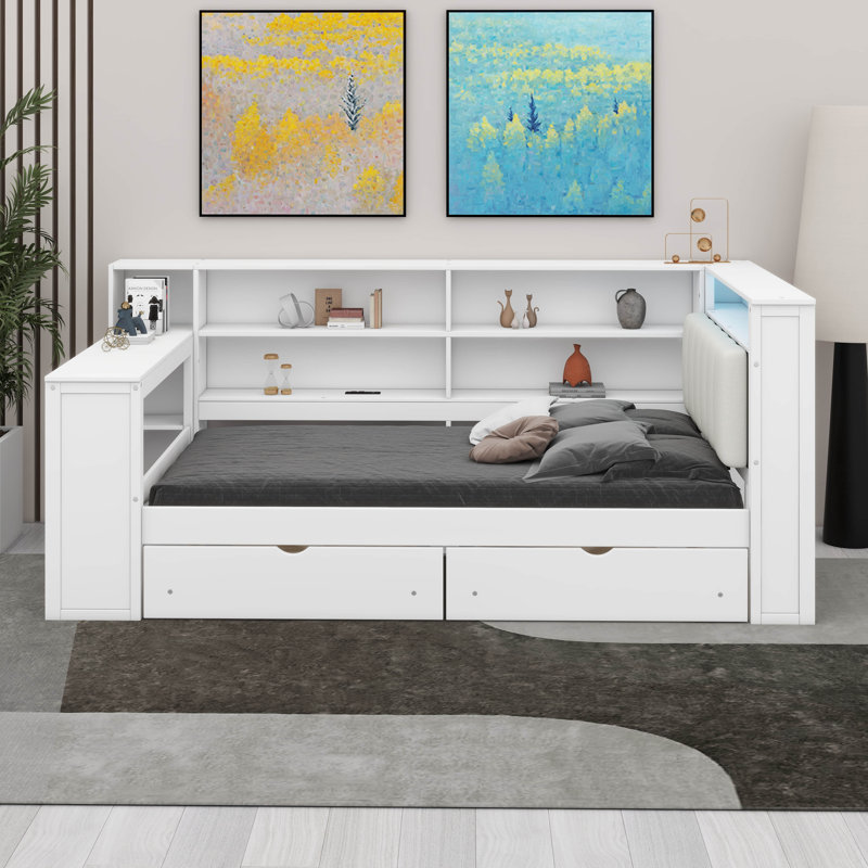 Corner Bed Frame With Storage Shelves,  Daybed With Drawers, Charging Station And LED Light, Twin, White/Beige