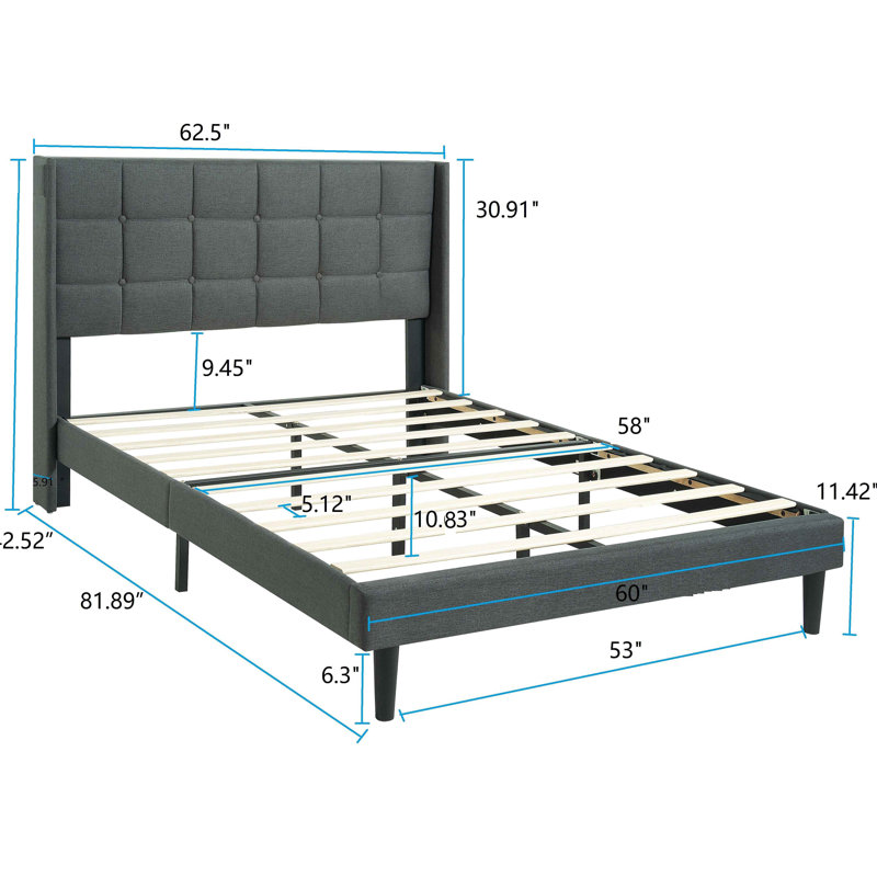 Structure de lit plateforme tapissier avec tête de lit en tissu de lin capitonné moderne sans sommier