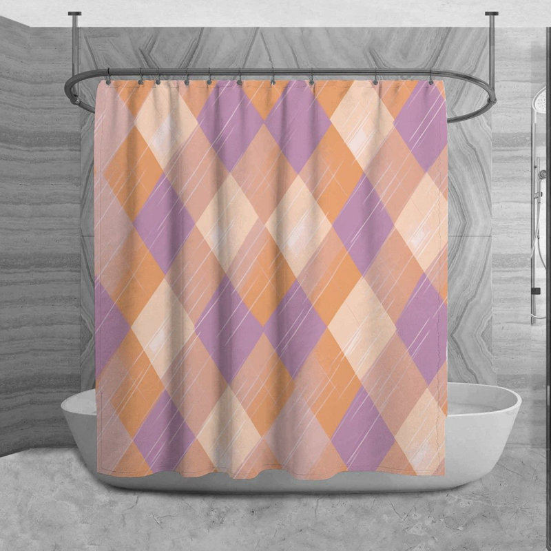 Checkered Shower Curtain Pattern Bath Mat Orange Bathroom Decor, H 73 po x l 70 po