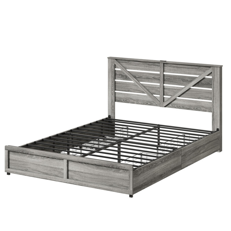 Structure de lit grise avec tête de lit avec rangement et 4 tiroirs spacieux, base à lattes en métal, structure, plateforme de chambre à coucher bruit