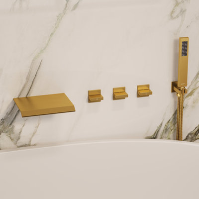 Rugen Waterfall Wall Mounted Bathtub Faucet with Handheld Shower, Triple Handle 5 Hole Tub Faucet
