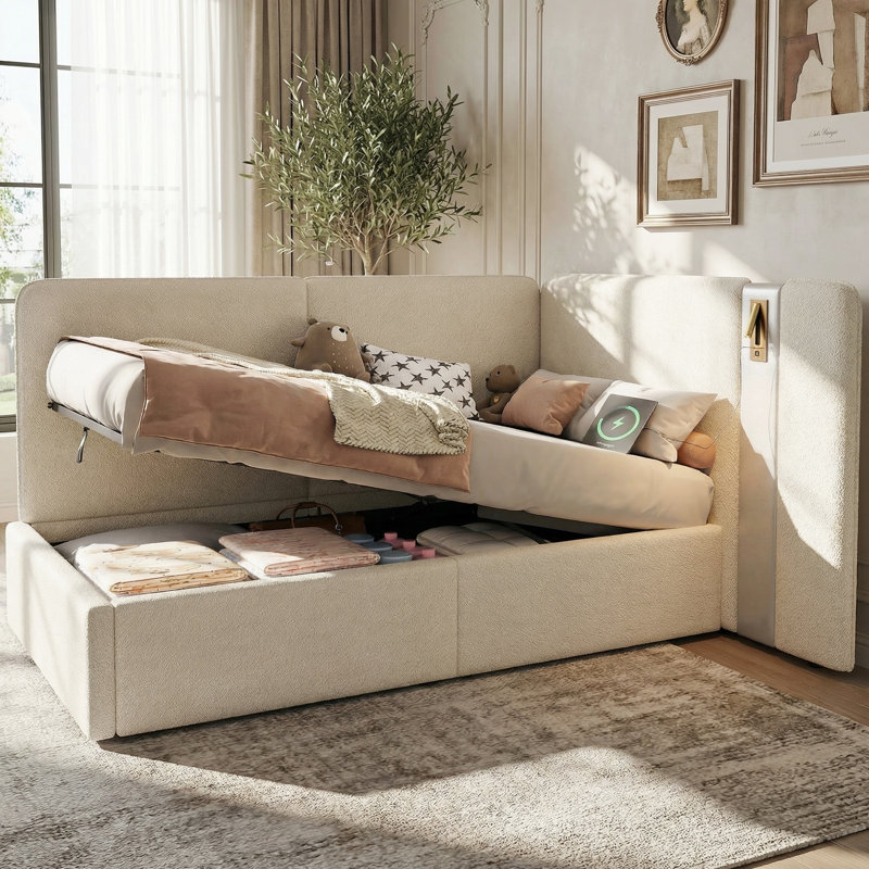 Upholstered Daybed, Beige Boucle