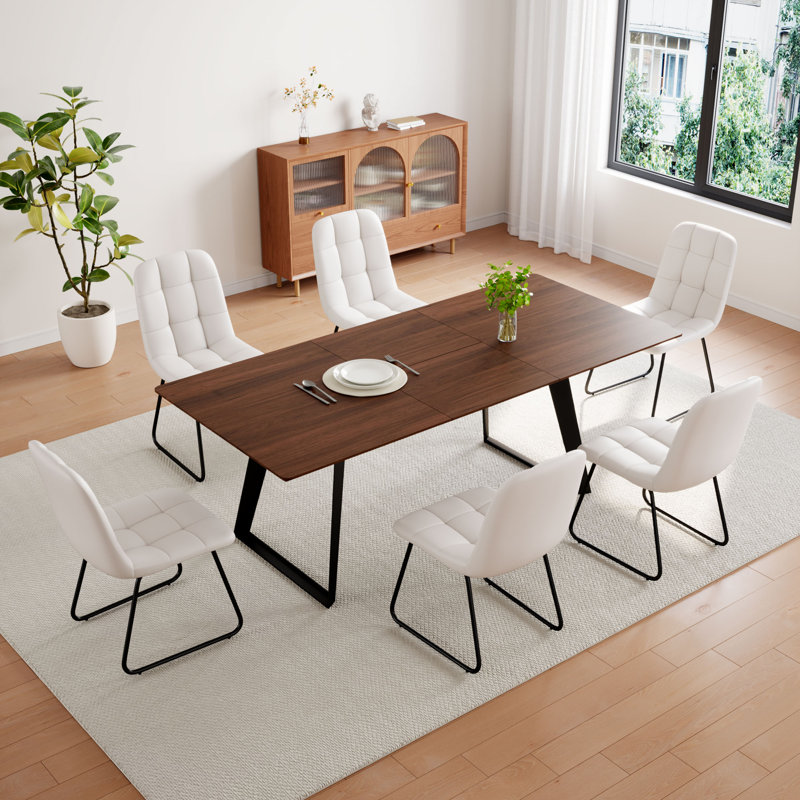 7-Piece Extendable Kitchen Dining Table with 6 Modern Dining Chairs, White, Tan