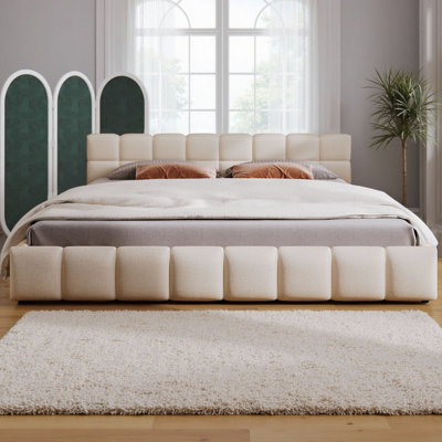 Elegant Beige Chenille Upholstered Bed Frame with Checkerboard Headboard, No Box Spring Needed