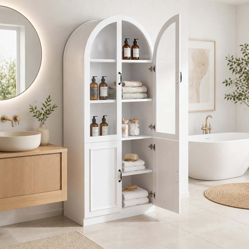 Armoire de salle de bain autoportante à dessus arqué avec portes et tablettes réglables