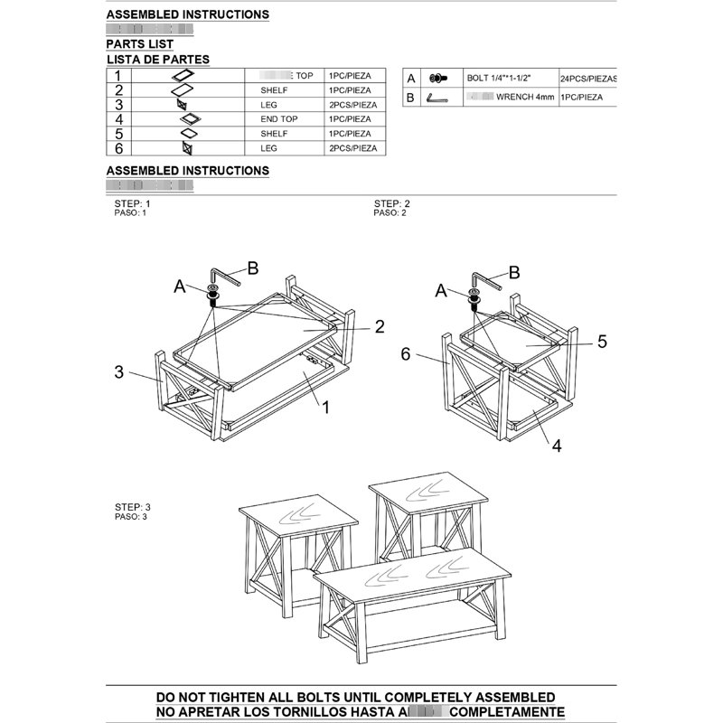 3 tables de bout avec tables basses rectangulaires et carrées - brun-blanc pour salon