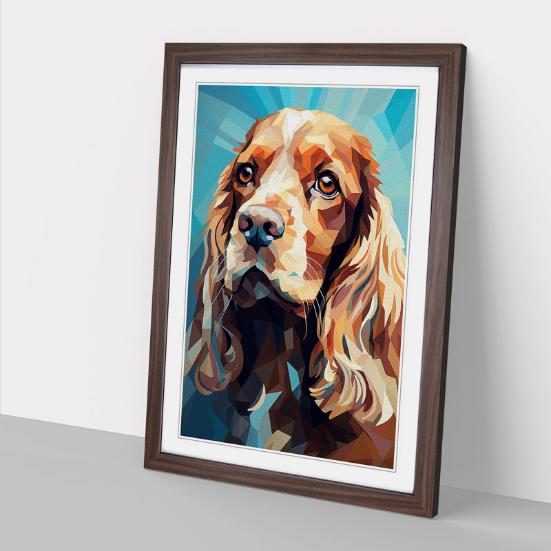 Cocker Spaniel Geometric - Single Picture Frame Print on Wood, 34cm H x 25cm W x 2cm D, Walnut