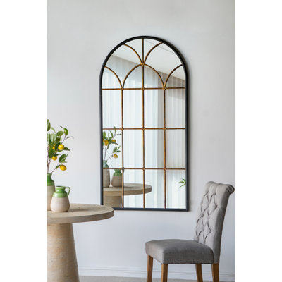 Miroir arqué noir et doré de 34 po x 65,5 po, effet décoratif surélevé pour le salon de la chambre à coucher, idéal pour la décoration