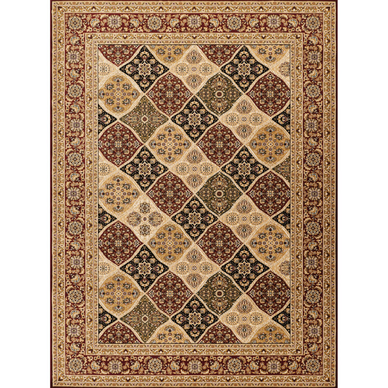 Pavillon rouge 2 pi Tapis X 3 avec motifs floraux et à panneaux, polypropylène fabriqué à la machine, envers en jute, idéal pour les entrées de salle à manger