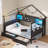 Twin Size Corner House Bed Frame With Charging Station, House Shaped Metal Beds With Led Light & Globe String Light,corner Bed With 2 Drawer & Bookcase,twin Bed With Upholstered Headboard, Black-1832147560