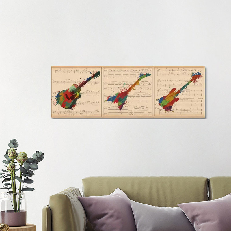 Multi-Color Guitar Trio: Acoustic Guitar, Electric Guitar, Bass Guitar Panoramic by Unknown Artist - Wrapped Canvas Panoramic Print