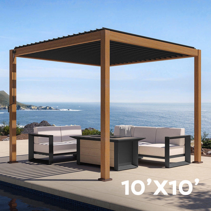 Pergola Takasho 111S en chêne cerisier et aluminium avec lames orientables, Abri de garage en plastique x P 10 po