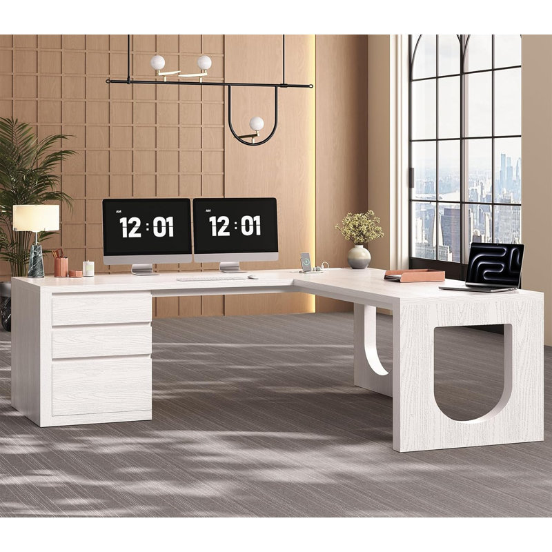Bureau en L 63 po à 3 tiroirs, bureau de direction moderne avec tiroir classeur, Blanc