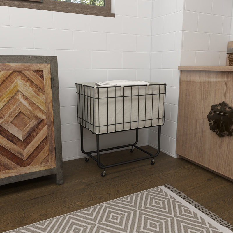 Black Metal Wire Basket Storage Cart with Wheels and Fabric Lining