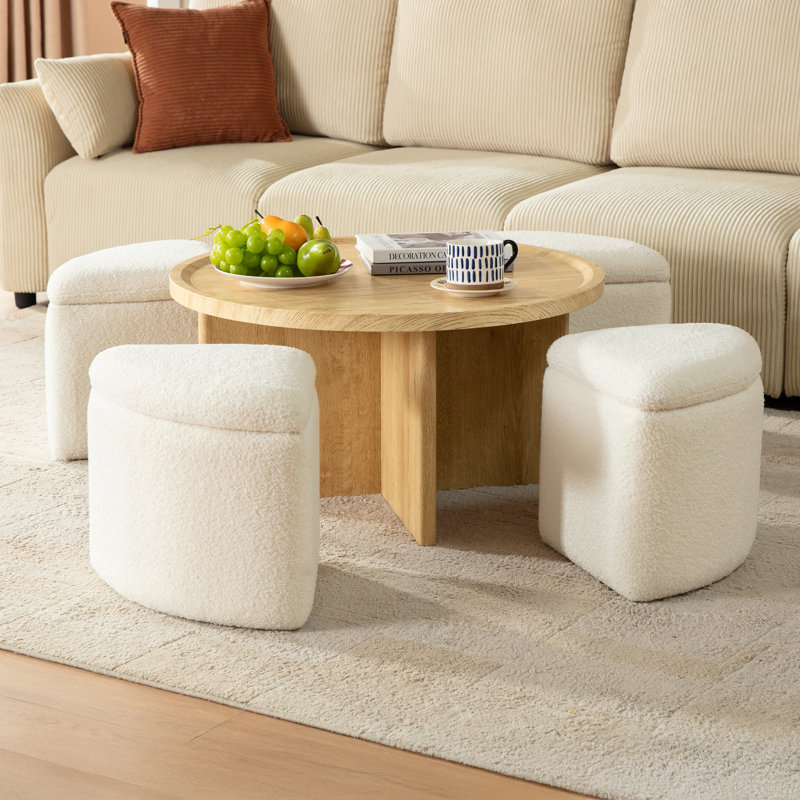 Table basse avec rangement pour 4 sièges, tables basses de style Mid-Century avec 4 repose-pieds en chenille, table centrale