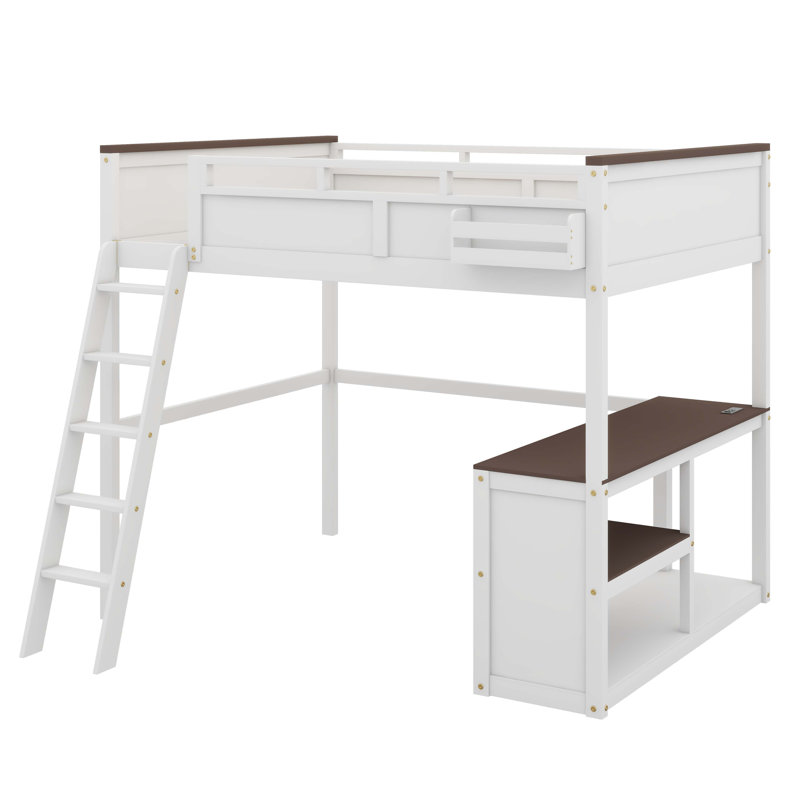 Grand lit mezzanine équipé d'un bureau intégré, d'une étagère ouverte et d'un port USB