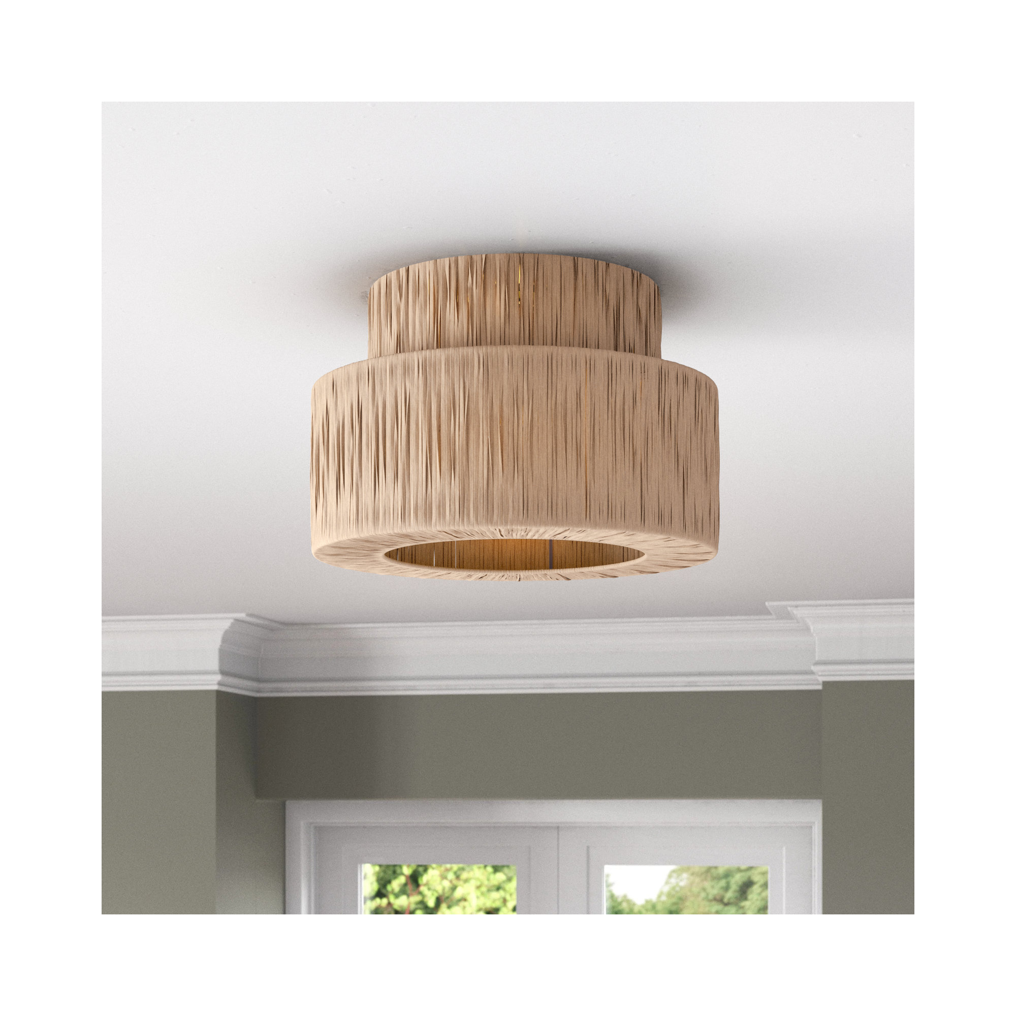 Abbie 1 - Light Raffia Dimmable Drum Flush Mount, Wood, 8.5'' H x 12.6'' W x 12.6'' D