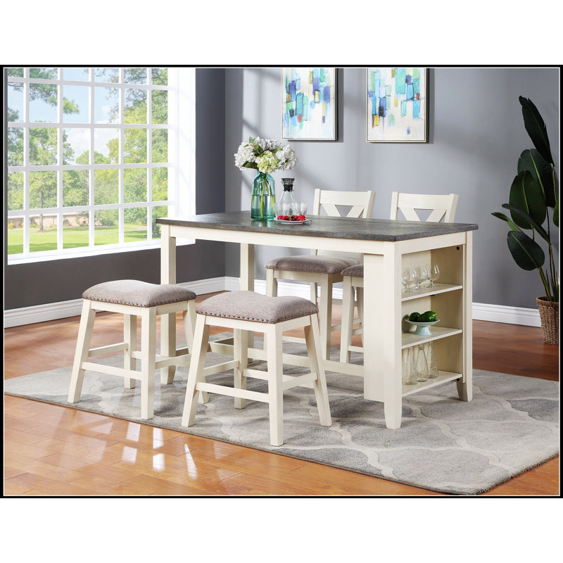 Ensemble de salle à manger à hauteur de comptoir 5 pièces moderne avec tablettes de rangement, chaises hautes et tabourets
