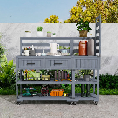 Chariot de préparation pour barbecue et banc d'extérieur avec plateau en acier inoxydable, roues verrouillables et rangement