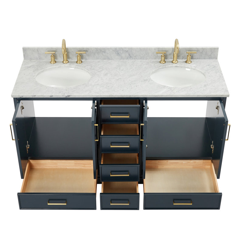 61'' Double Bathroom Vanity with Carrara Marble Top, Midnight Blue