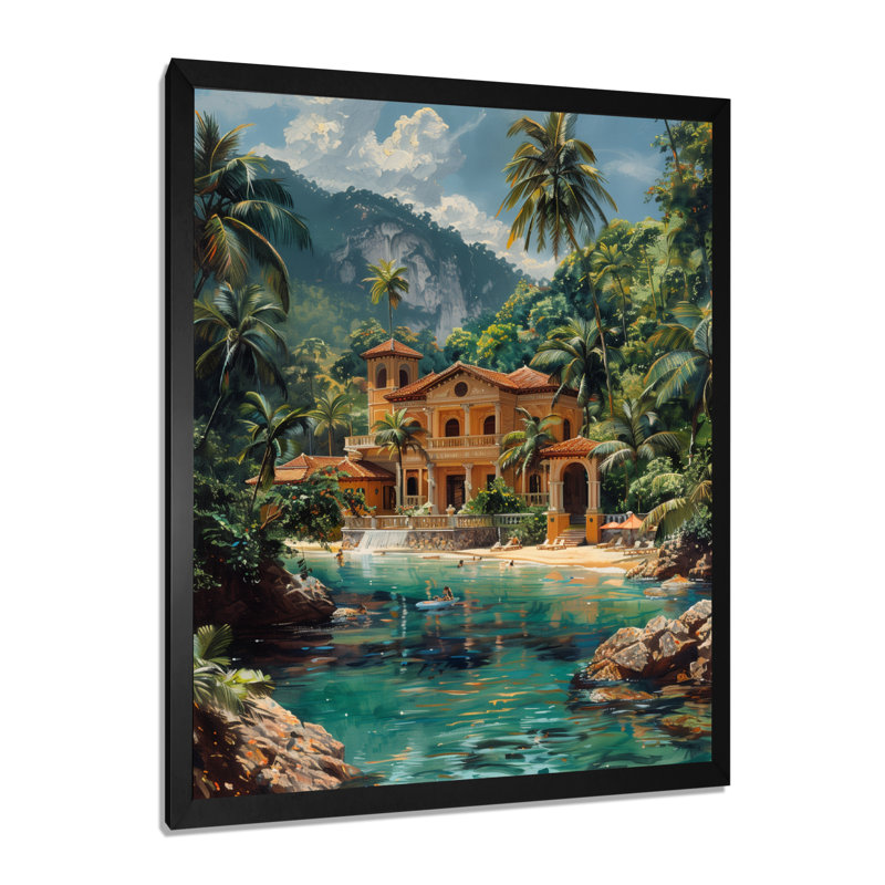 «Blue Green Tropical Paradise Hotel», reproduction d'art mural, Cadre simple noir, H 24 po x l 32 po