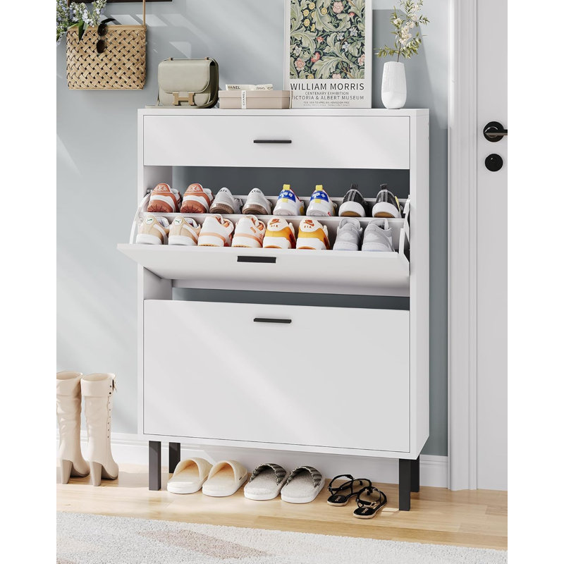 3-Tier Shoe Storage Cabinet w/ 2 Flip Drawers, Freestanding Entryway Organizer w/Adjustable Shelves, Hidden Shoe Rack, White