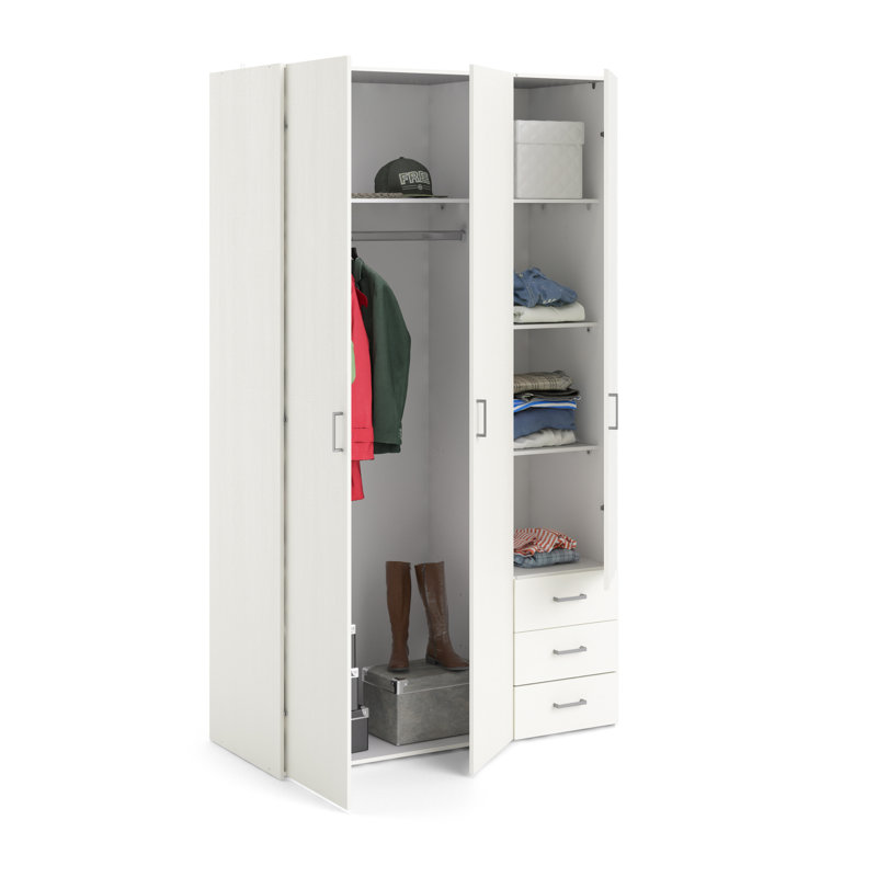 Wardrobe With Three Doors And Three Drawers, White, 200cm H x 116cm W x 50cm D