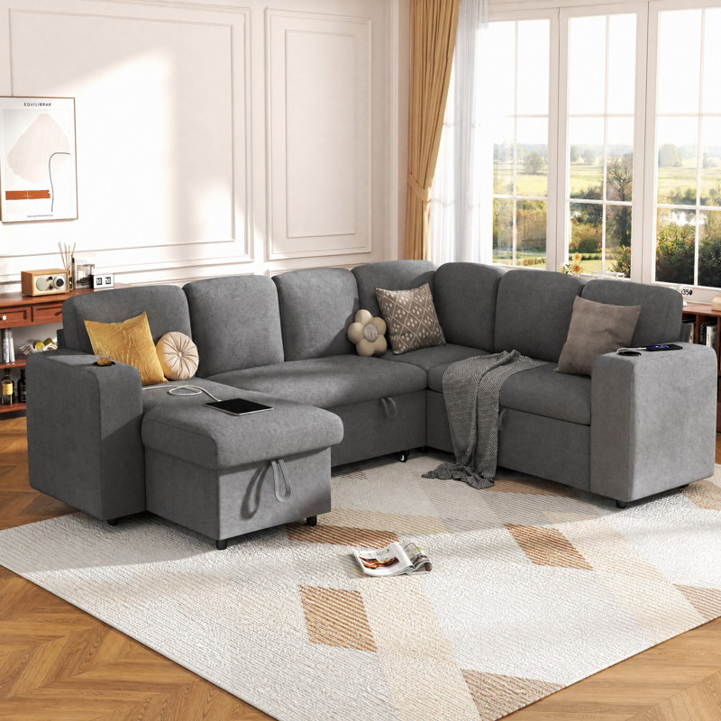 Canapé-lit convertible en U Derius, canapé-lit escamotable avec méridienne de rangement et station de charge USB, Gris