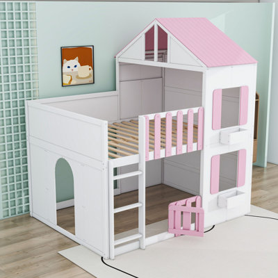 Lit superposé inspiré d'une maison, avec étagères, éclairage DEL et barrières de sécurité bicolores