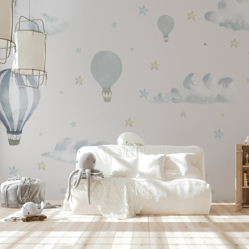 Papier peint amovible Ballons dans le ciel avec étoiles pour chambre d'enfant, L 98 po x l 150 po