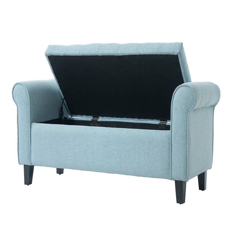 Light Blue Fabric Storage Bench with Rolled Arms