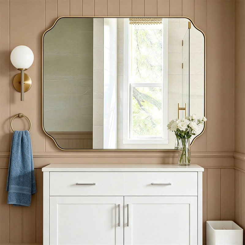Miroir de salle de bain, miroir de meuble-lavabo, miroir de salle de bain rectangulaire arrondi avec cadre en acier inoxydable antirouille, peut être installé horizontalement ou verticalement sur le mur