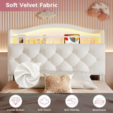 Princess Bed Frame With Led Lights And Charging Station, Velvet Upholstered Platform Bed With Headboard & Guardrail & Crystal Button, Beige