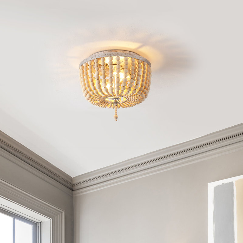 Ohlone Farmhouse Wood Beaded/Metal LED Flush Mount, Antique Silver, 9" H x 10" W x 10" D