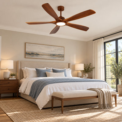 60 inch  Wood Ceiling Fans with Lights and Remote, 5 solid wood blades,Modern  Low Profile Ceiling Fan with Light, 6 Speed, Reversible DC Motor, for Bedroom/Outdoor/Farmhouse/Patios
