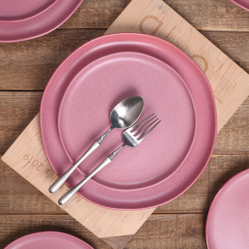 Stone Lain Tom Rustic Stoneware Dinnerware Set For 4, Olive Green, Pink