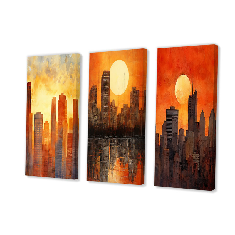 Ensemble de 3 décorations murales Sunset Sky High Rise City - gratte-ciel, Toile tendue, H 28 po x l 36 po