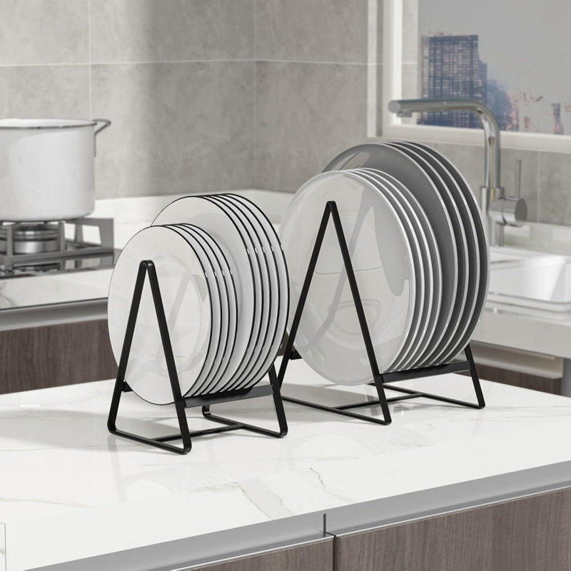 Triangle Plate Holder Organiser 2-Pack – Heavy-Duty Metal Dish Racks For Kitchen Cupboard & Countertop | Space-Saving Plate Stands (Black)