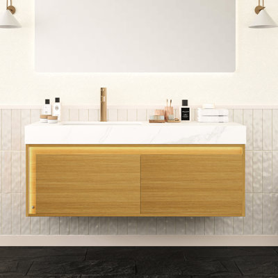 Meuble-lavabo flottant 48 po avec comptoir en pierre frittée blanche, cuve encastrée en céramique, armoire en contreplaqué ultra-mince en grille, panneaux de signalisation à déclenchement par capteur à DEL, plateau pré-assemblé, lavabo, tiroir