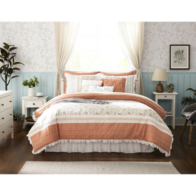 9 Piece Bedroom Comforter - Coral King Cotton Fabric Bedding Tasseled Pillowcase