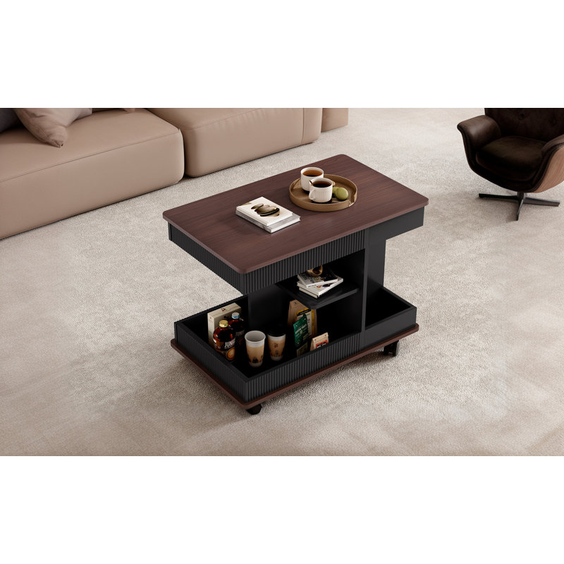360° Rotating Lift Top End Table, Multifunctional Fluetd Side Table With Wheels, Black