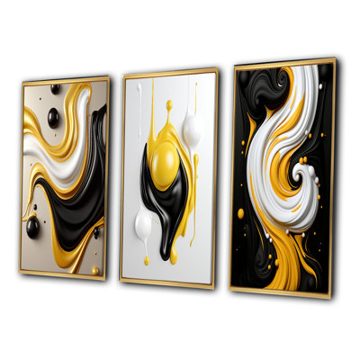 3 Pieces on Canvas - Liquid Minimal Abstract In Black Yellow White