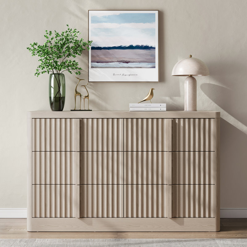 Dresser for Bedroom, 47" Modern 6 Drawer Dresser with Solid Wood Handle, Curved Profile Design for Bedroom, Living Room, Hallway, White Alder