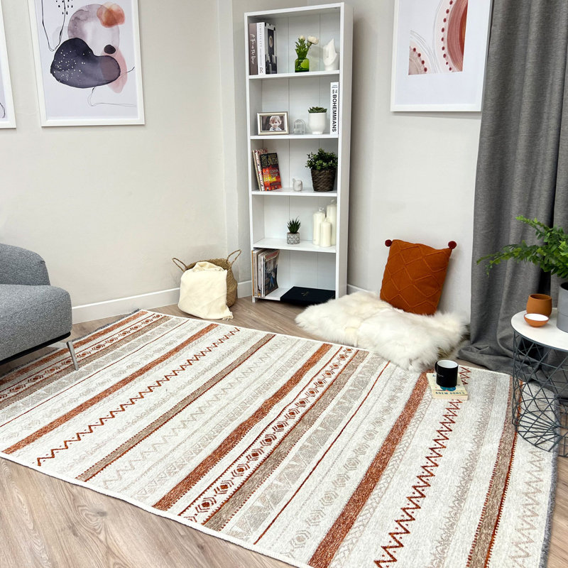 Alfa Rich Nicolella Beige Terracotta Washable Cotton Area Rugs for Living Room Bedroom Kitchen Rug, Rectangle 5'1" x 7'5"
