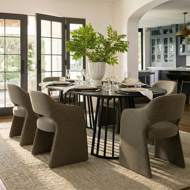 6 - Person Dining Table Sets With Extendable Table & 6 Upholstered Waterproof Chairs, Olive Green