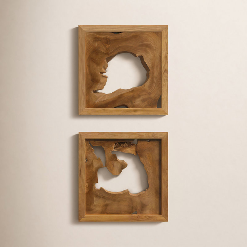  Set of Two Framed Teak Wood Wall Art Cutout Design Decorative Wall Decor for Modern Home Accent Brown Clear Coat Finish