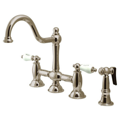 Double Handle Widespread Bridge Faucet with Porcelain Lever Handles, Satin Nickel