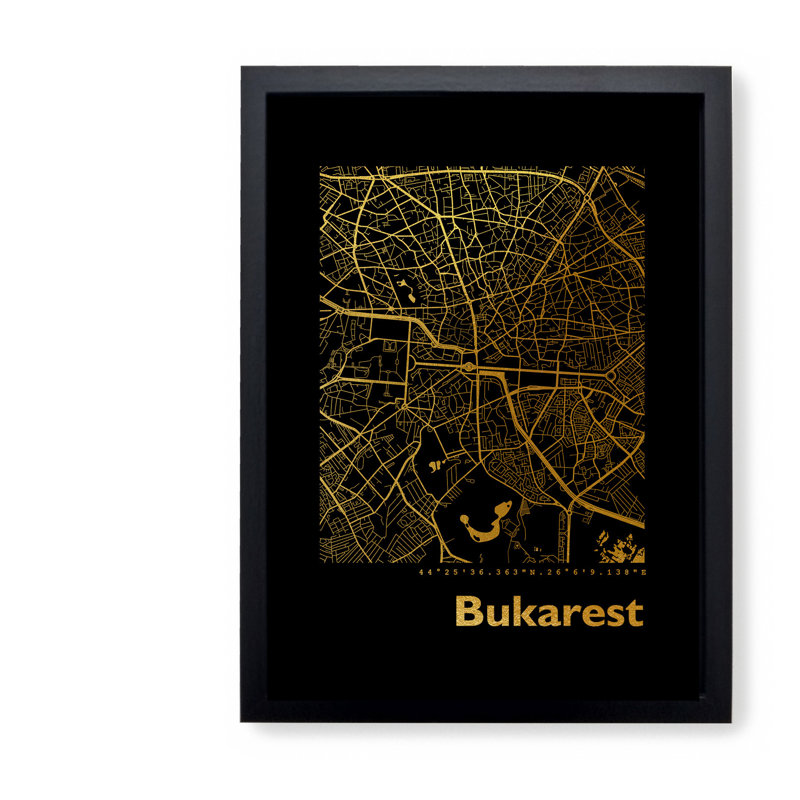 Bucharest Map - Single Picture Frame Print, 42.5cm H x 32.5cm W x 3.5cm D