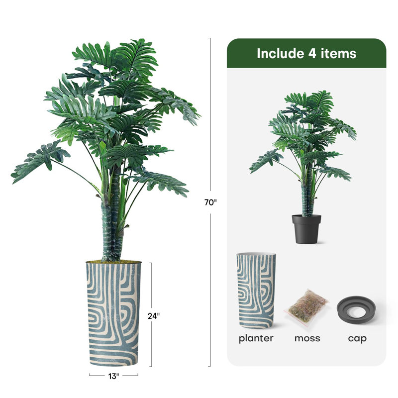 Artificial Floor Plants in Pot Fake Philodendron Tree Indoor and Outdoor Decorative Silk Greenery, Thick Line Teal